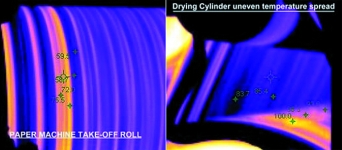 The paper and pulp industry is an ideal location for the use of thermal imaging equipment, a 5°C temperature difference is easily detected on an off-take roll and by moving back down the machine through the drying section the problem is easily located